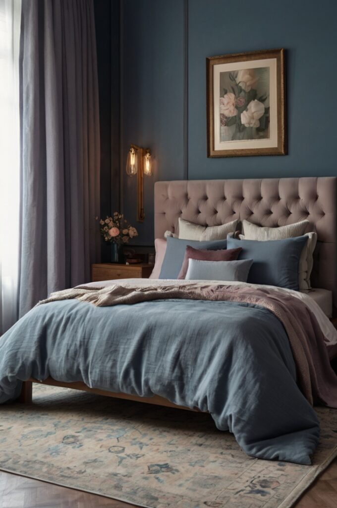 Dreamy elegant bedroom with dusty blue walls, mauve bedding and decorative accents, linen-colored curtains, soft diffused lighting, vintage-inspired furniture, romantic atmosphere, delicate textures, balanced cool and warm tones