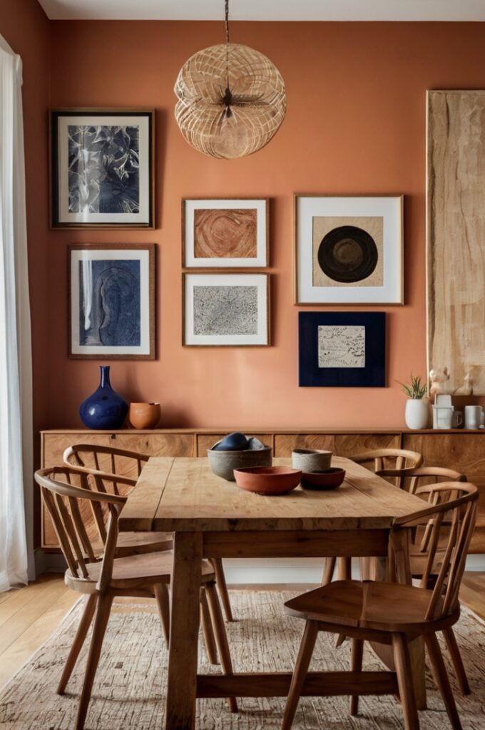 Eclectic dining room with a bold sunset-inspired gallery wall as the main focus, featuring a tightly arranged collection of artworks in rich tones of peach, rust, and midnight blue, all framed in weathered rustic wood. The gallery wall spans above a warm wood dining table set with ceramic plates and a terracotta vase of dried grasses. Soft natural light highlights the textured wall and artwork. Light neutral flooring and minimal decor draw attention to the vivid, art-filled display.