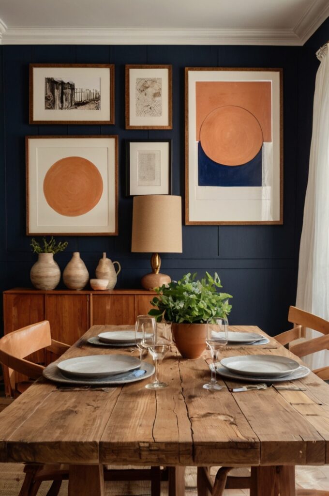 Eclectic dining room with a bold sunset-inspired gallery wall as the main focus, featuring a tightly arranged collection of artworks in rich tones of peach, rust, and midnight blue, all framed in weathered rustic wood. The gallery wall spans above a warm wood dining table set with ceramic plates and a terracotta vase of dried grasses. Soft natural light highlights the textured wall and artwork. Light neutral flooring and minimal decor draw attention to the vivid, art-filled display.