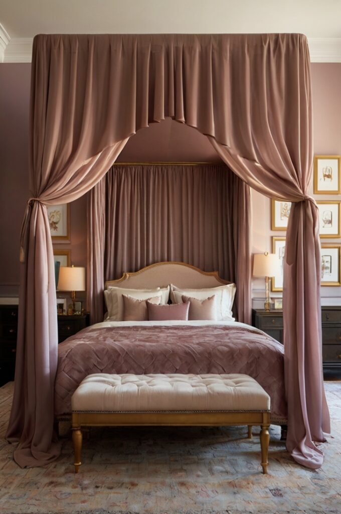 Elegant bedroom featuring a mauve canopy drape gently flowing over a four-poster bed frame, satin mauve bedding beneath, warm ambient lighting creating a cozy and romantic atmosphere, cream walls and gold accents complementing the ethereal design.