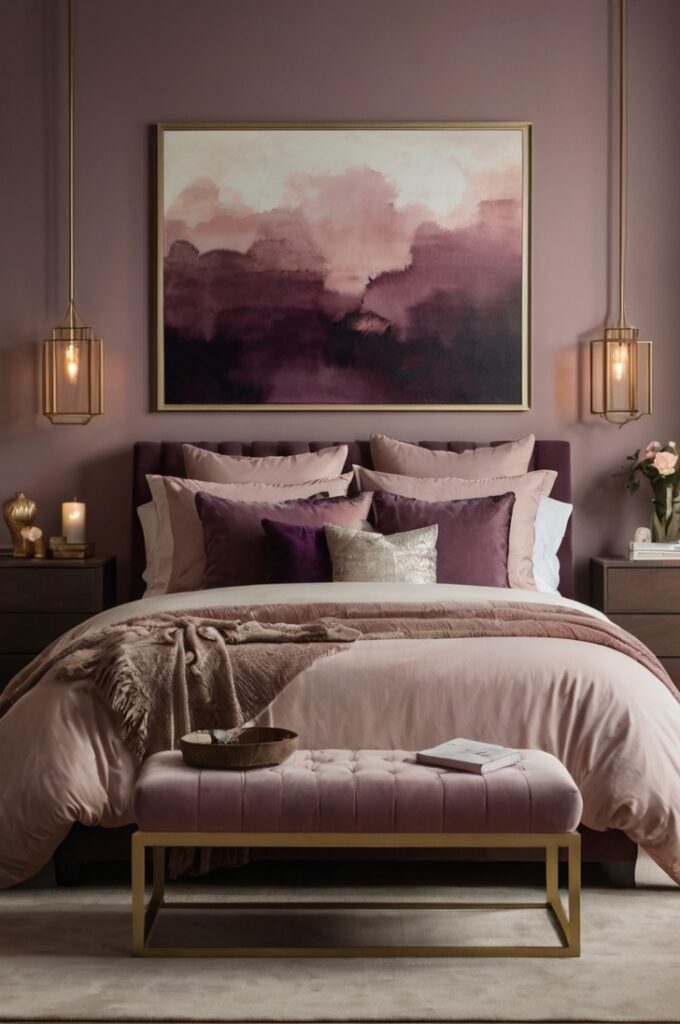 Elegant bedroom featuring large ombre wall art above bed, transitioning smoothly through mauve hues from dusty pink to deep plum, soft ambient lighting highlighting textured brushstrokes, moody mauve bedding complementing artwork, cream walls and minimal decor creating a romantic and dramatic focal point.