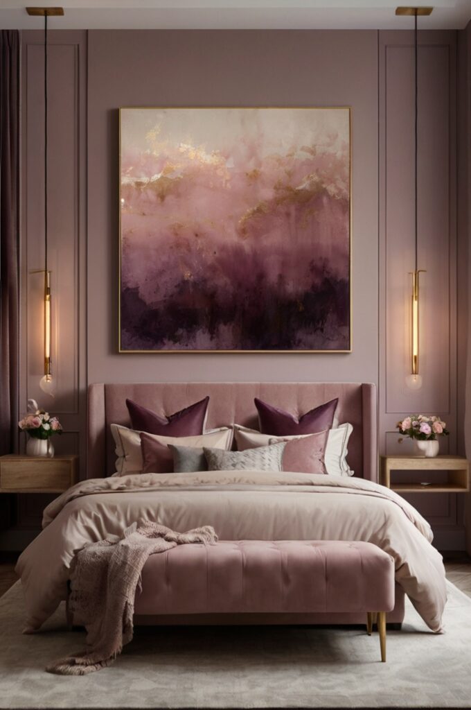 Elegant bedroom featuring large ombre wall art above bed, transitioning smoothly through mauve hues from dusty pink to deep plum, soft ambient lighting highlighting textured brushstrokes, moody mauve bedding complementing artwork, cream walls and minimal decor creating a romantic and dramatic focal point.