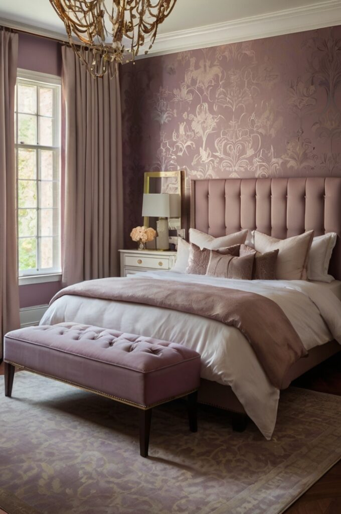 Elegant bedroom with a moody mauve accent wall covered in wallpaper featuring subtle metallic floral patterns, soft ambient lighting highlighting delicate shimmer, complementary neutral furnishings, plush bedding, refined and regal atmosphere.
