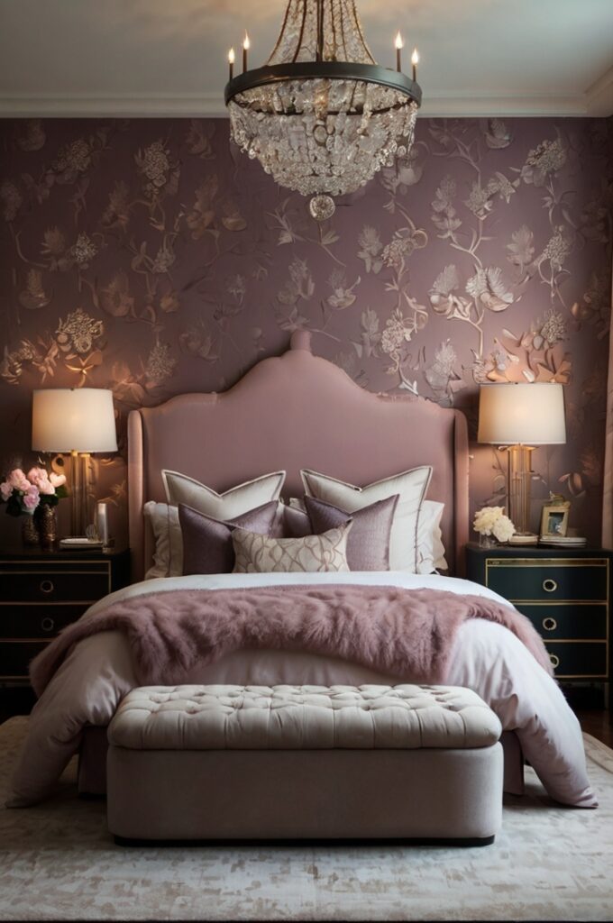 Elegant bedroom with a moody mauve accent wall covered in wallpaper featuring subtle metallic floral patterns, soft ambient lighting highlighting delicate shimmer, complementary neutral furnishings, plush bedding, refined and regal atmosphere.
