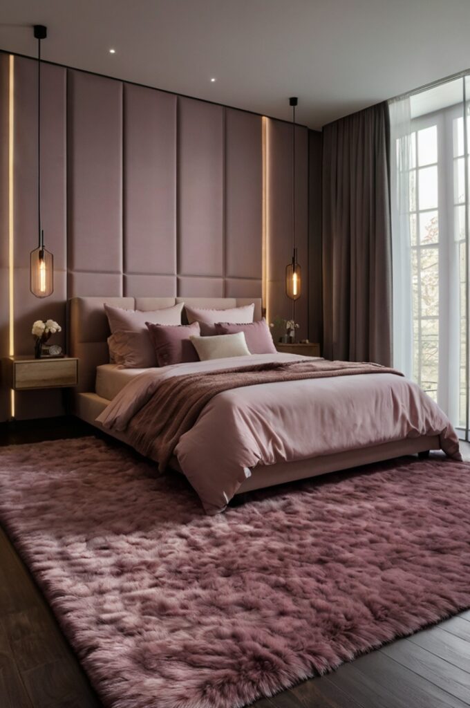 Elegant bedroom with a plush deep mauve rug covering dark hardwood floors, soft texture adding warmth and intimacy, bed positioned above rug with layered mauve bedding, warm ambient lighting enhancing cozy atmosphere, minimalist decor emphasizing rug’s rich color.