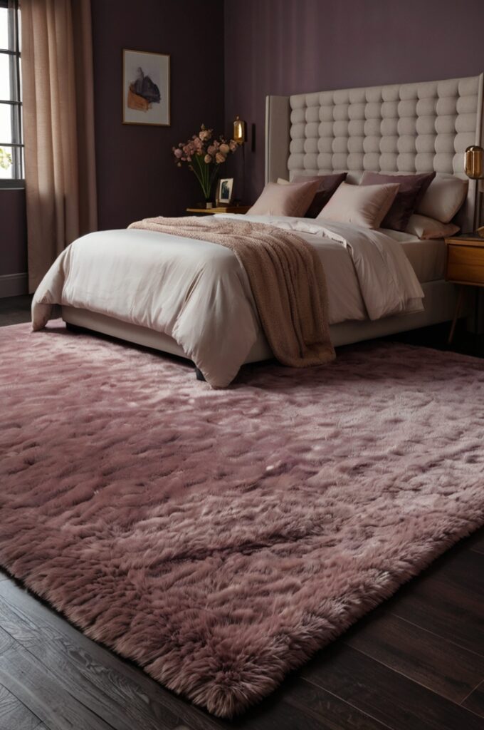 Elegant bedroom with a plush deep mauve rug covering dark hardwood floors, soft texture adding warmth and intimacy, bed positioned above rug with layered mauve bedding, warm ambient lighting enhancing cozy atmosphere, minimalist decor emphasizing rug’s rich color.