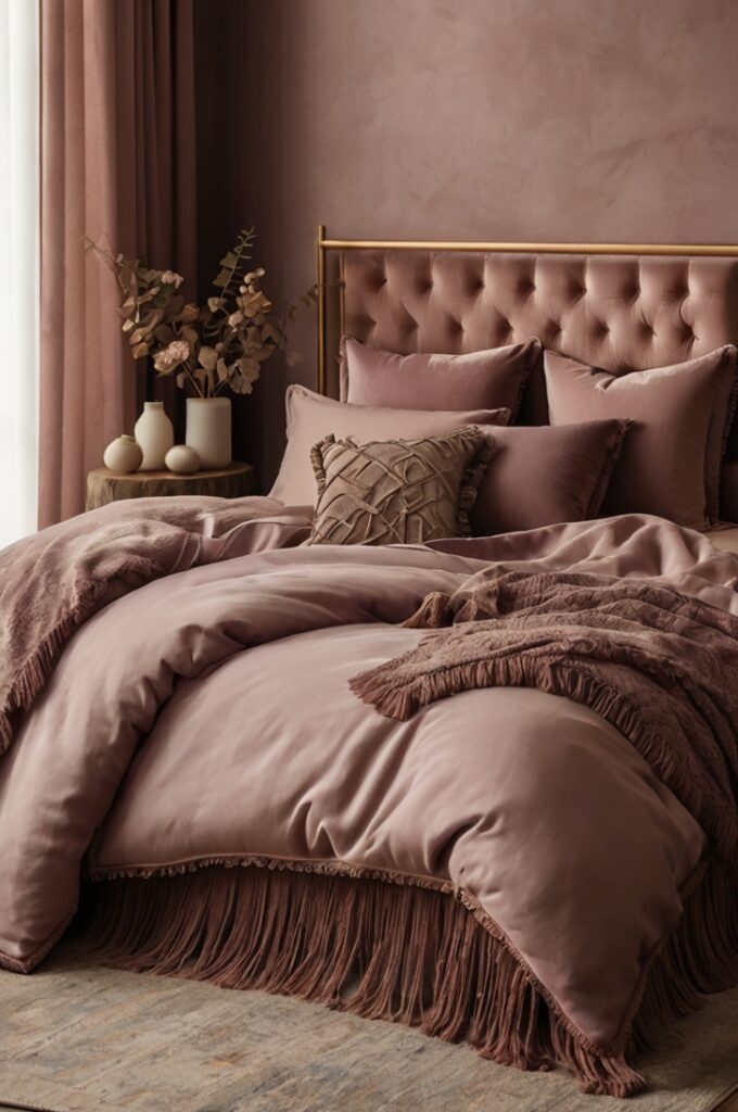 Elegant bedroom with bed adorned by moody mauve accent pillows featuring delicate fringe detailing, velvet and linen fabrics adding texture, layered on plush mauve bedding, soft warm lighting enhancing cozy boho-chic charm, cream walls and minimal gold accents completing regal atmosphere.