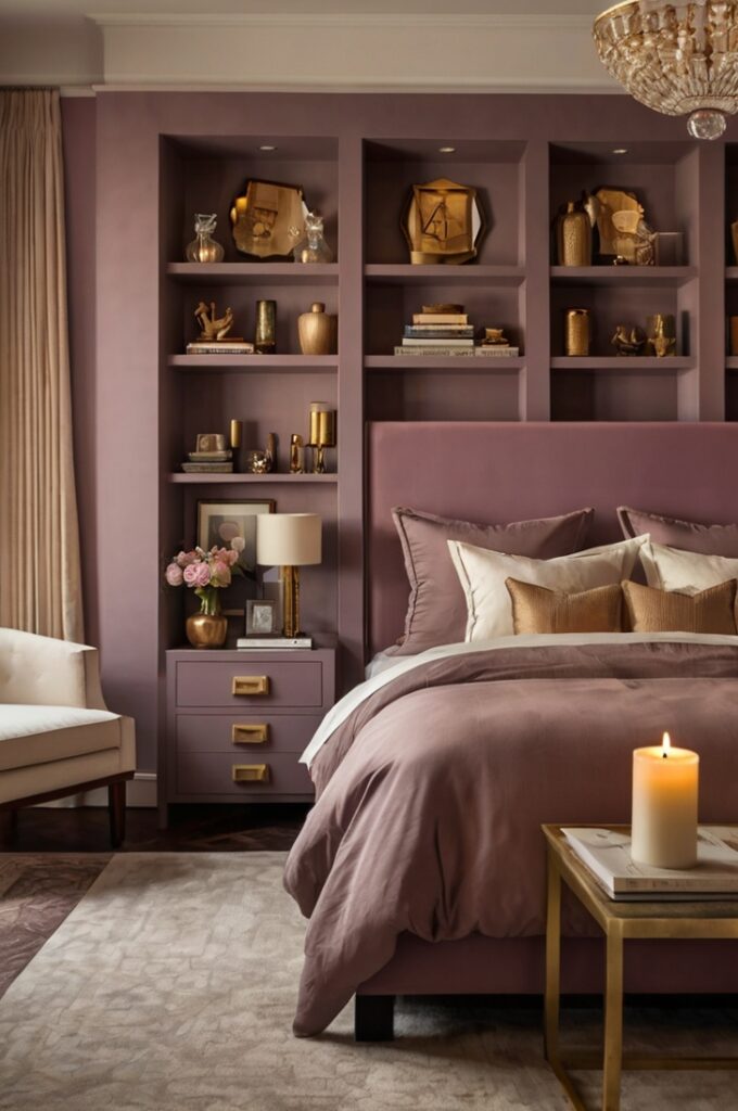 Elegant bedroom with built-in shelving units painted in moody mauve, styled with stacked books, ivory candles, gold vases, and neutral-toned decorative objects, soft ambient lighting casting gentle shadows, mauve bedding and cream walls enhancing cohesive romantic design.