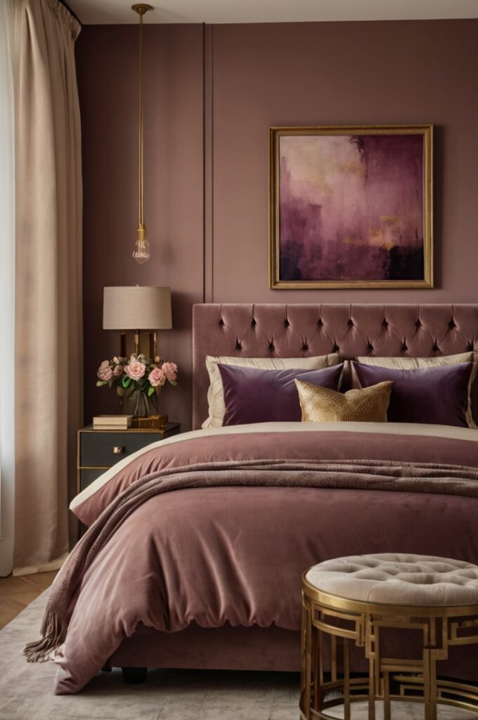 Elegant bedroom with framed artwork featuring moody mauve tones hanging above a velvet upholstered headboard, soft cream walls providing contrast, warm ambient lighting accentuating colors in the paintings, cohesive color palette with mauve bedding and gold decorative accents.
