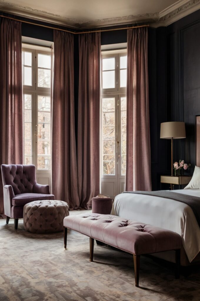 Elegant bedroom with heavy moody mauve velvet curtains draped beside tall windows, soft filtered natural light entering room, rich textured fabric creating dramatic shadows, calming and sophisticated atmosphere, neutral walls and minimal decor enhancing curtain prominence.