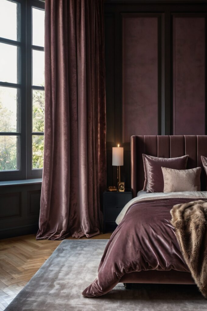 Elegant bedroom with heavy moody mauve velvet curtains draped beside tall windows, soft filtered natural light entering room, rich textured fabric creating dramatic shadows, calming and sophisticated atmosphere, neutral walls and minimal decor enhancing curtain prominence.