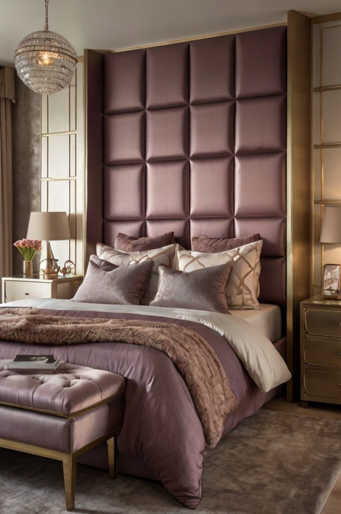 Elegant bedroom with matching bedside tables topped with metallic mauve lampshades, soft warm light reflecting off their subtle sheen, moody mauve bedding, cream upholstered headboard, gold-framed wall art above the bed, refined and regal atmosphere with balanced lighting.