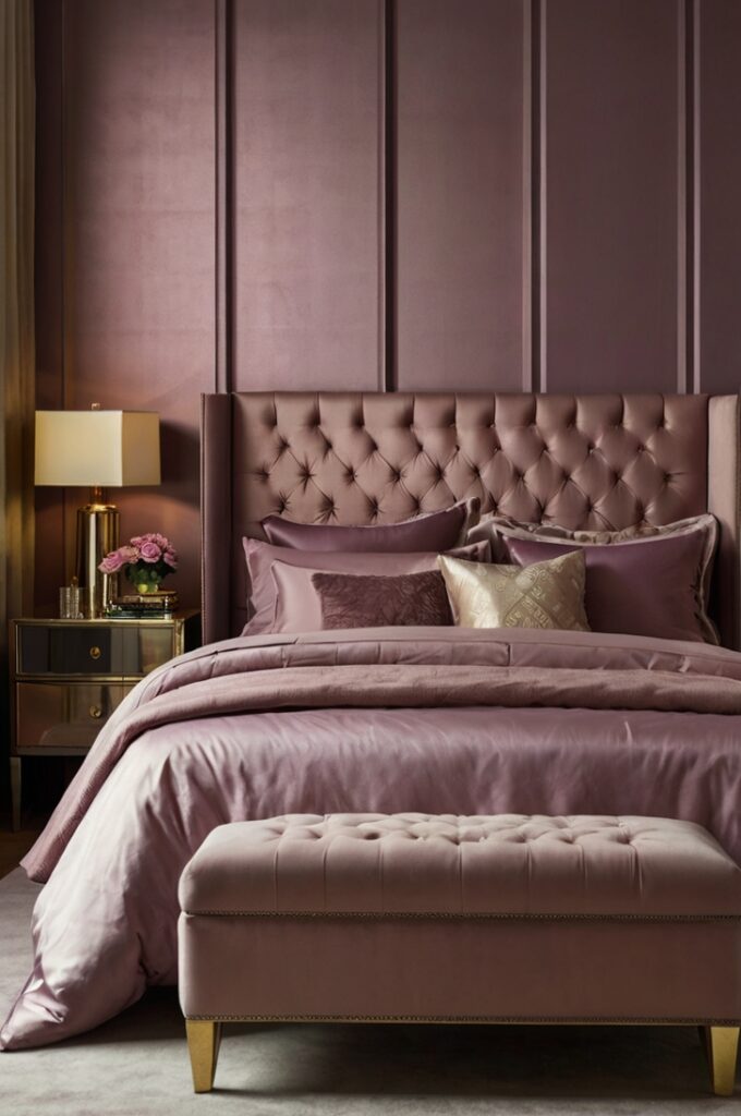 Elegant bedroom with matching bedside tables topped with metallic mauve lampshades, soft warm light reflecting off their subtle sheen, moody mauve bedding, cream upholstered headboard, gold-framed wall art above the bed, refined and regal atmosphere with balanced lighting.