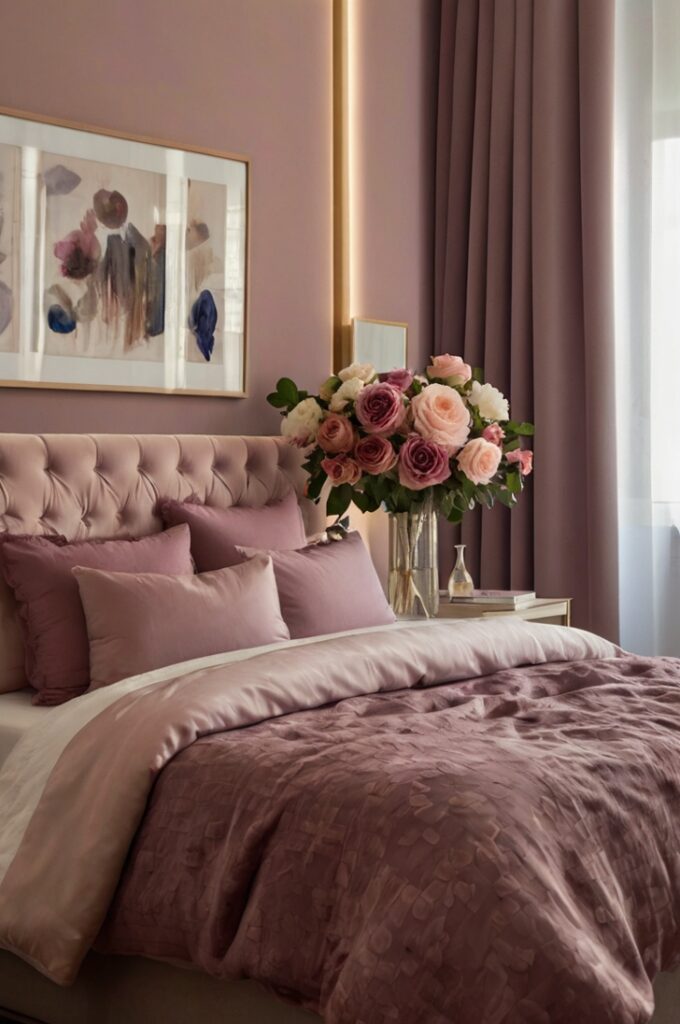 Elegant bedroom with mauve floral arrangements in ceramic vases placed on bedside tables, mix of roses and peonies in deep mauve shades, soft ambient lighting casting gentle shadows, mauve bedding and cream walls creating a romantic cohesive atmosphere.