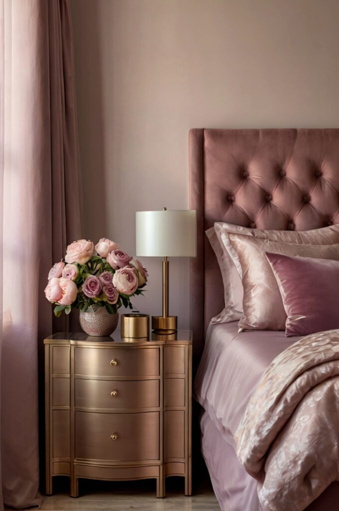 Elegant bedroom with mauve floral arrangements in ceramic vases placed on bedside tables, mix of roses and peonies in deep mauve shades, soft ambient lighting casting gentle shadows, mauve bedding and cream walls creating a romantic cohesive atmosphere.