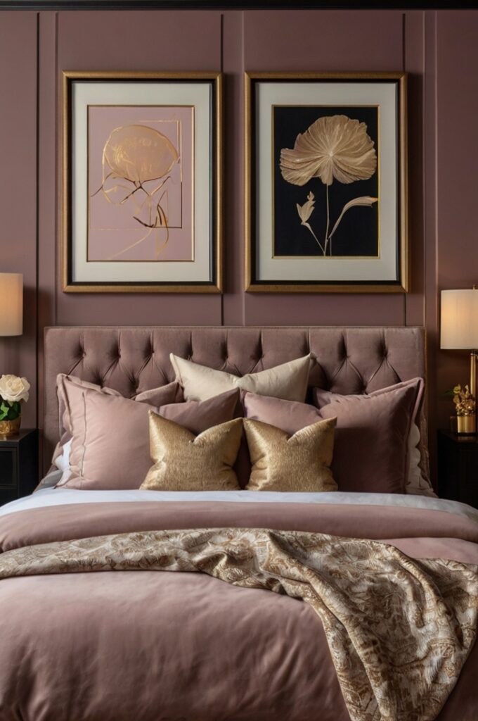 Elegant bedroom with moody mauve accent wall featuring a curated gallery of framed artwork and photographs in gold and black frames, soft ambient lighting highlighting wall textures, cream walls surrounding accent wall, plush mauve bedding and decor creating sophisticated and personalized atmosphere.