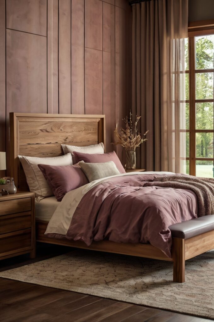 Elegant bedroom with moody mauve bedding and curtains, warm natural wood furniture including bed frame, dresser, and bedside tables, soft ambient lighting enhancing wood grain and mauve tones, cream walls providing balance, cozy romantic atmosphere with organic texture and color harmony.