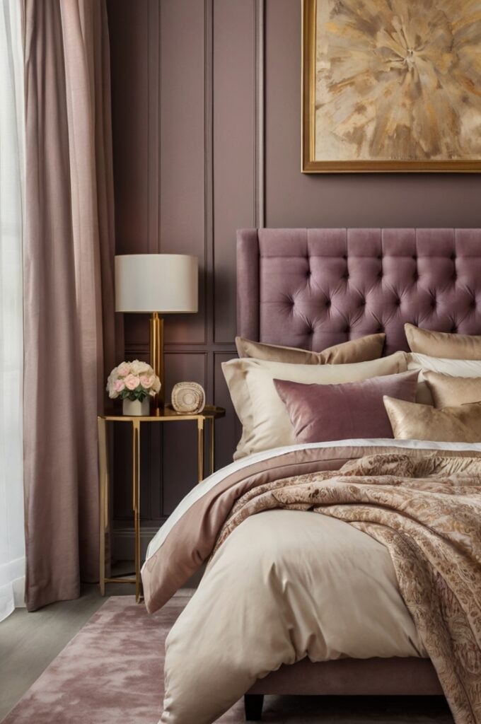Elegant bedroom with moody mauve bedding and curtains, soft cream walls and upholstered headboard, light cream bedside tables with minimal gold accents, natural daylight filling the room, romantic and airy atmosphere with balanced warm tones.