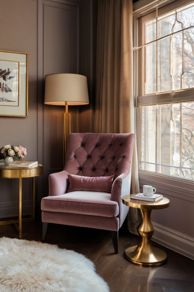Elegant bedroom with moody mauve velvet accent chair placed in a corner near a tall window, soft natural light highlighting plush texture, neutral walls and cream curtains, nearby gold floor lamp and small side table, cozy reading nook within a refined romantic setting.