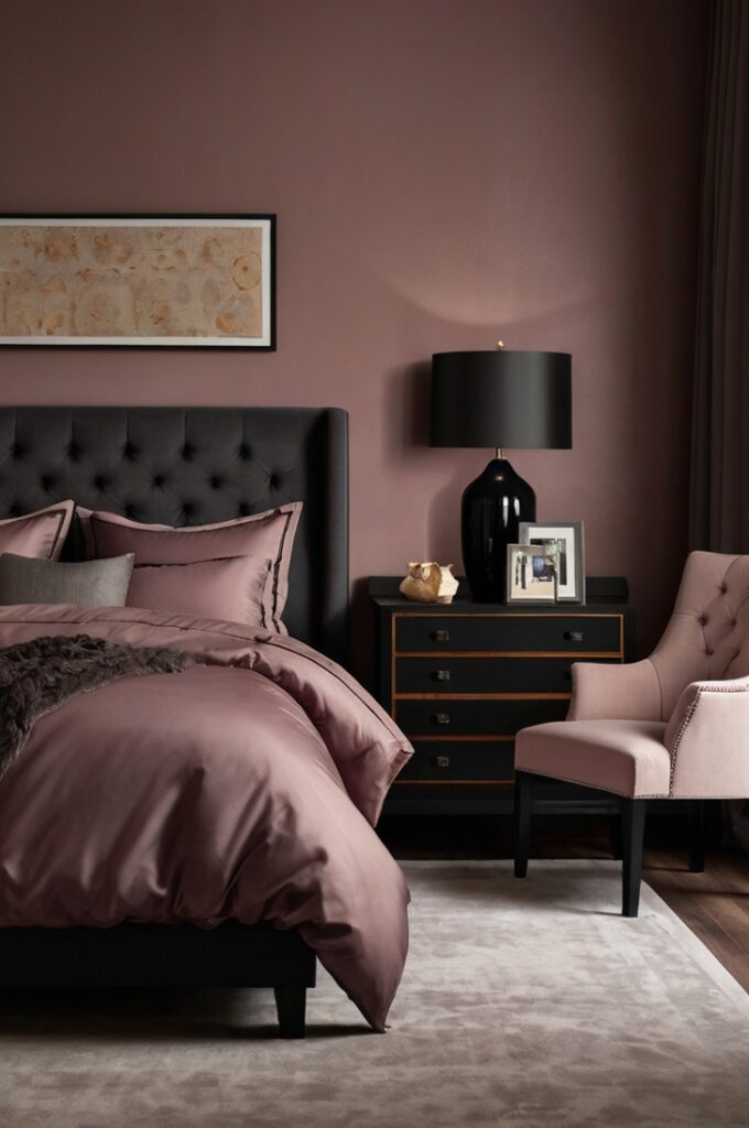 Elegant bedroom with moody mauve walls and bedding, black metal bedside lamps and picture frames on the wall providing sharp contrast, soft ambient lighting highlighting rich textures, light hardwood floors balancing dark and warm tones, modern sophisticated atmosphere.