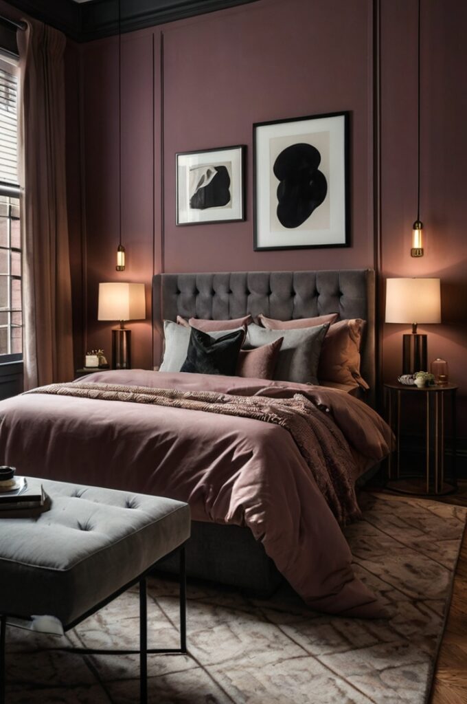 Elegant bedroom with moody mauve walls and bedding, black metal bedside lamps and picture frames on the wall providing sharp contrast, soft ambient lighting highlighting rich textures, light hardwood floors balancing dark and warm tones, modern sophisticated atmosphere.