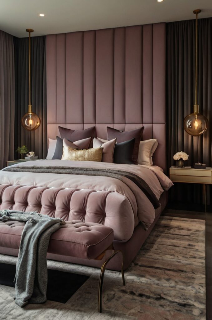 Elegant bedroom with moody mauve walls and bedding paired with charcoal gray accent pillows, curtains, and upholstered bench, soft ambient lighting highlighting contrast between warm and cool tones, clean modern lines, cozy and sophisticated atmosphere with minimal gold decor.