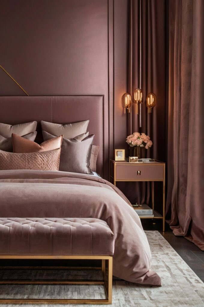 Elegant bedroom with moody mauve walls and bedding, rose gold hardware on bedside tables and dresser drawers, rose gold light fixtures mounted above bedside tables, soft warm lighting reflecting metallic surfaces, refined romantic atmosphere with cohesive color accents.
