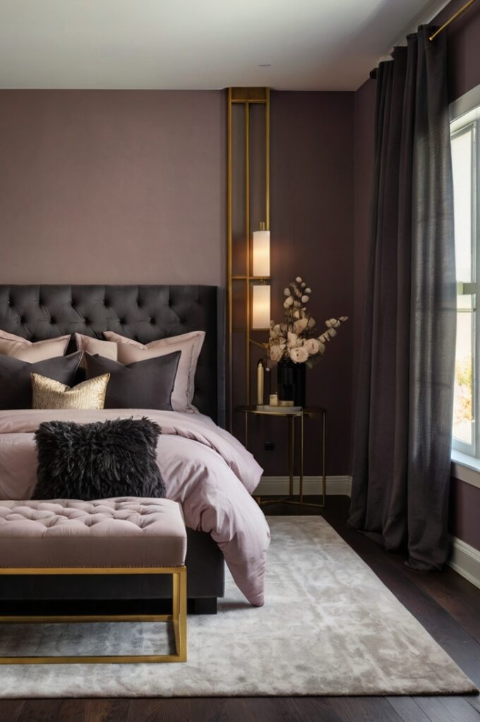 Elegant bedroom with moody mauve walls and bedding paired with charcoal gray accent pillows, curtains, and upholstered bench, soft ambient lighting highlighting contrast between warm and cool tones, clean modern lines, cozy and sophisticated atmosphere with minimal gold decor.