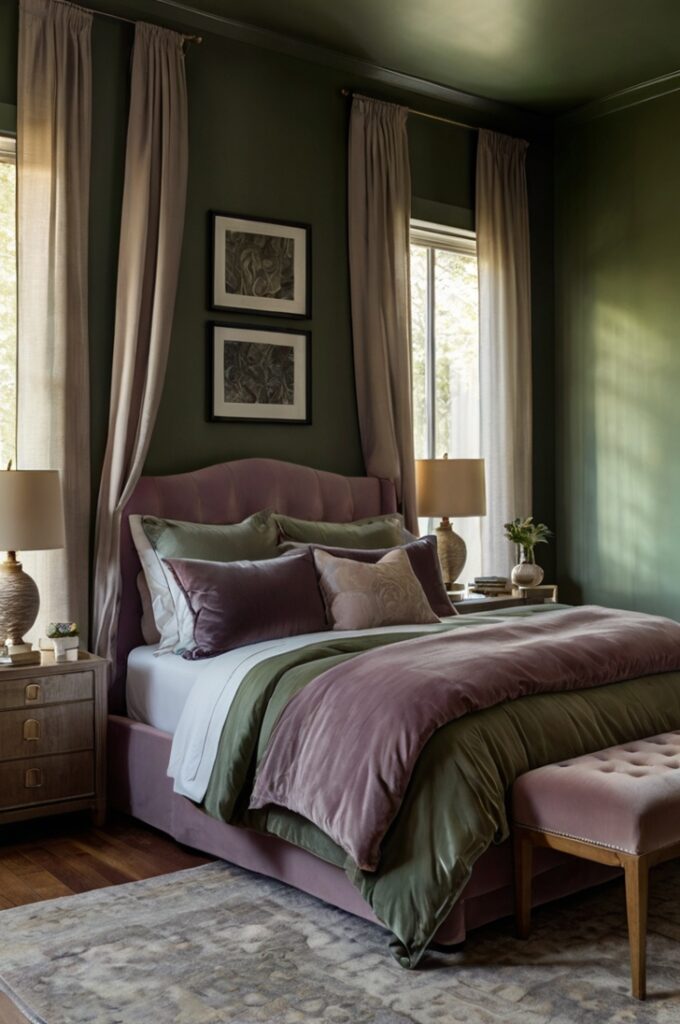 Elegant bedroom with sage green painted walls and moody mauve velvet textiles, including bedding and curtains, soft natural light filtering through sheer drapes, framed artwork above bed, warm ambient lighting enhancing the serene and romantic atmosphere, decor emphasizing nature-inspired palette.