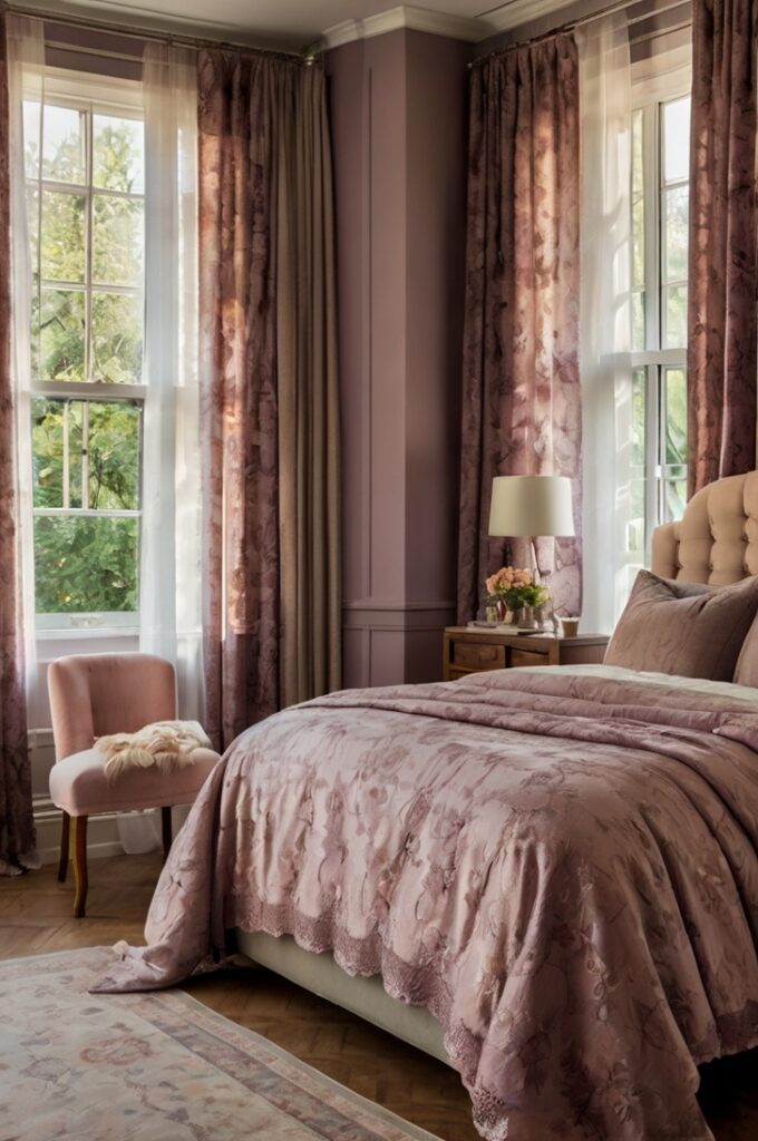 Elegant bedroom with windows dressed in delicate moody mauve lace curtains, soft light filtering through intricate floral patterns, cream walls and mauve velvet bedding complementing vintage romantic atmosphere,  curtain rods and decor enhancing subtle elegance.