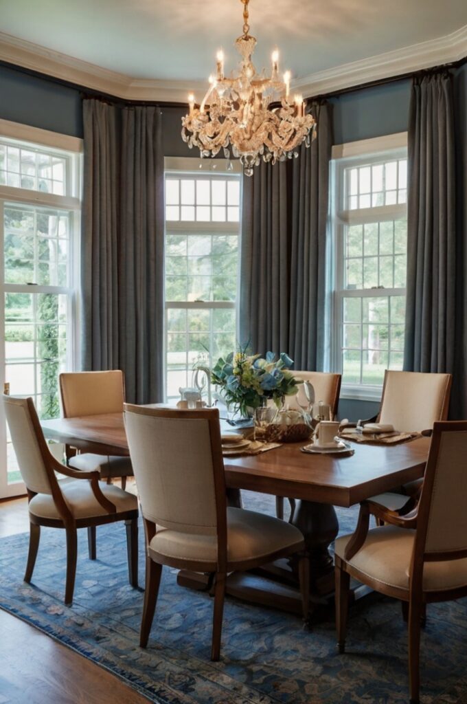 Elegant dining area with dusty blue walls, walnut wood dining table and chairs, cream-colored upholstery and curtains on windows, warm ambient lighting, refined vintage decor, soft textures, balanced cool and rich tones, sophisticated and inviting atmosphere
