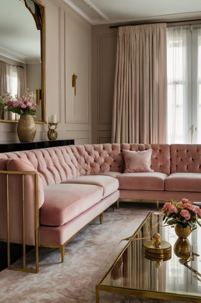 Elegant living room featuring a blush pink velvet sofa with tufted cushions, set against a soft neutral wall. The sofa is accented by a pair of modern brass coffee tables with glass tops, and a large gold-framed mirror hanging above. The space includes a plush cream rug, soft ambient lighting from a floor lamp with a brass base, and minimalistic decor for a luxurious, sophisticated atmosphere.