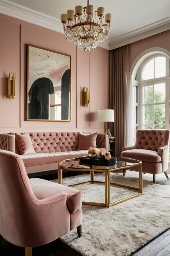 Elegant living room featuring a blush pink velvet sofa with tufted cushions, set against a soft neutral wall. The sofa is accented by a pair of modern brass coffee tables with glass tops, and a large gold-framed mirror hanging above. The space includes a plush cream rug, soft ambient lighting from a floor lamp with a brass base, and minimalistic decor for a luxurious, sophisticated atmosphere.