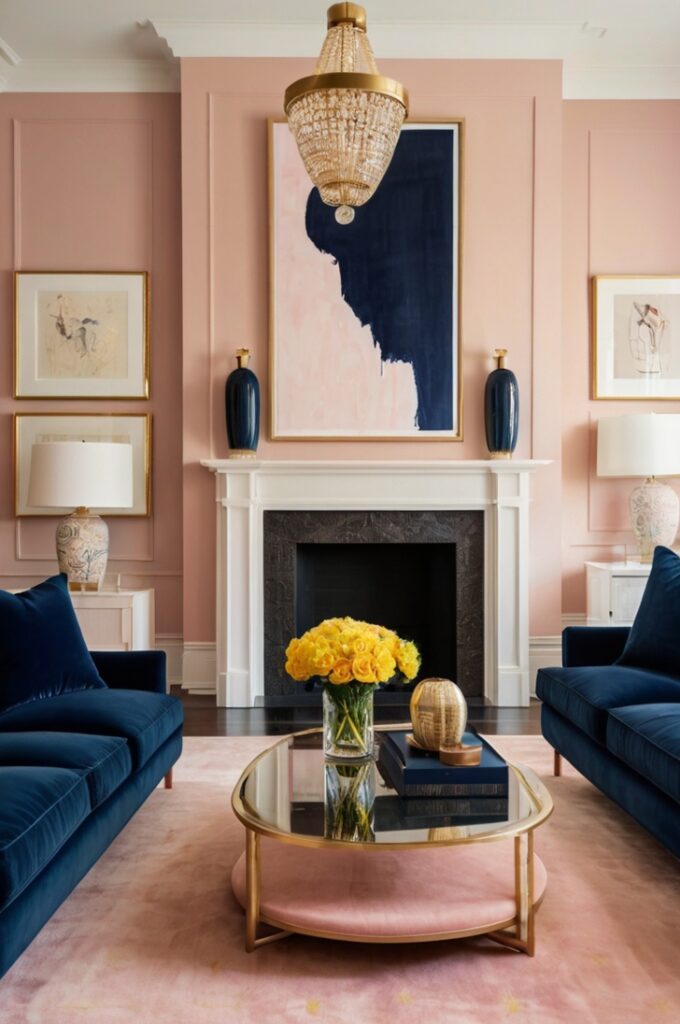 Elegant living room grounded by a large blush pink rug, featuring a navy blue velvet sofa with ivory cushions. A mustard yellow accent chair adds a vibrant touch. A sleek glass coffee table sits at the center. The room is framed by warm ivory walls and beautiful artwork. Subtle blush-toned vase and clean-lined lighting complete the balanced, stylish atmosphere.