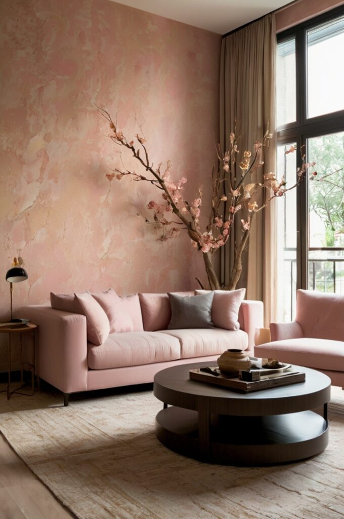 Elegant living room with textured blush pink limewash walls that add depth and sophistication. The space features a low-profile beige sofa, a travertine coffee table, and light oak flooring. A large ceramic vase with dried branches sits in the corner, and soft natural light enhances the architectural feel of the textured walls.