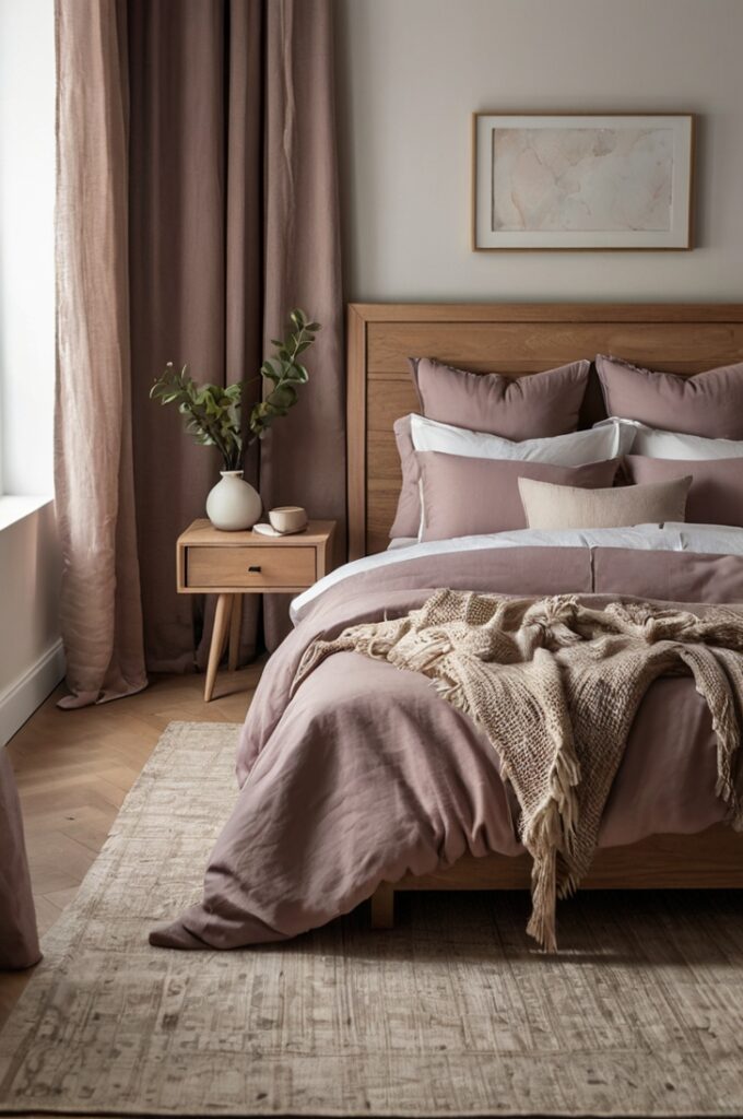 Elegant minimalist bedroom featuring moody mauve bedding and accent pillows, white walls and beige linen curtains, light natural wood bed frame and bedside tables, soft natural light filling the space, clean lines with decor creating modern romantic atmosphere.