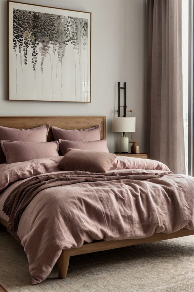 Elegant minimalist bedroom featuring moody mauve bedding and accent pillows, white walls and beige linen curtains, light natural wood bed frame and bedside tables, soft natural light filling the space, clean lines with decor creating modern romantic atmosphere.