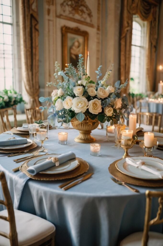 Elegant wedding decor featuring soft dusty blue fabrics, antique gold ornate accents, and creamy textures, creating a harmonious blend of regal warmth and gentle softness, bathed in warm natural light, with an inviting, romantic atmosphere and refined, timeless elegance.