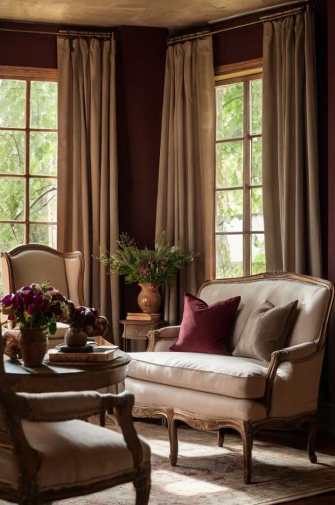 French country living room with rich Bordeaux walls, greige upholstered furniture and wooden accents, cream curtains and trim, warm natural lighting, rustic vintage details, cozy and refined atmosphere, balanced deep and neutral tones