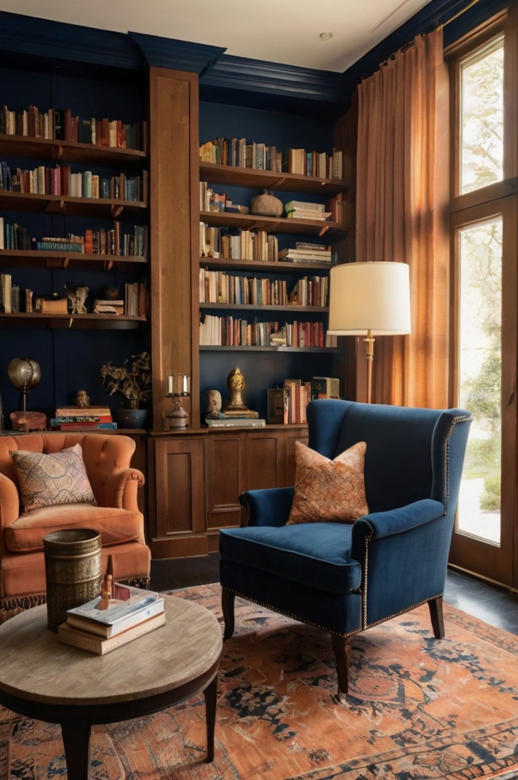Home library featuring floor-to-ceiling midnight blue built-in bookshelves filled with books, a plush rust-colored armchair with a textured throw pillow positioned beside a small wooden side table, soft peach curtains framing tall windows, warm hardwood floors with a neutral area rug, brass reading lamp casting a cozy glow, light beige walls balancing the deep tones, inviting and serene atmosphere.