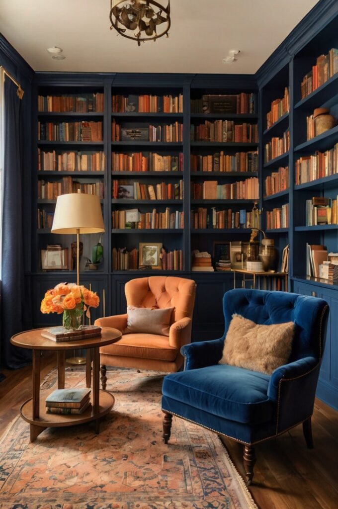 Home library featuring floor-to-ceiling midnight blue built-in bookshelves filled with books, a plush rust-colored armchair with a textured throw pillow positioned beside a small wooden side table, soft peach curtains framing tall windows, warm hardwood floors with a neutral area rug, brass reading lamp casting a cozy glow, light beige walls balancing the deep tones, inviting and serene atmosphere.