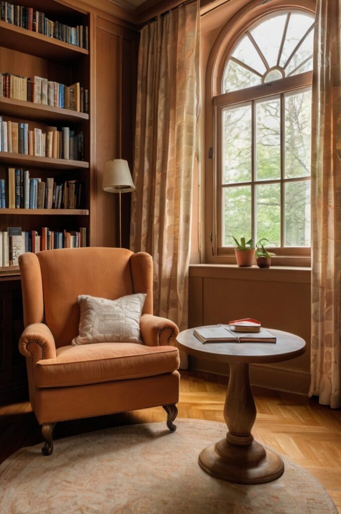 Home library with smooth clay-colored walls, built-in wooden bookshelves filled with neatly arranged books, plush cantaloupe-colored reading chair with curved lines and soft upholstery positioned near a large window, small round side table holding a ceramic mug and stacked books, warm natural light filtering through sheer curtains, and a calm, artistic atmosphere designed for quiet reading and relaxation.