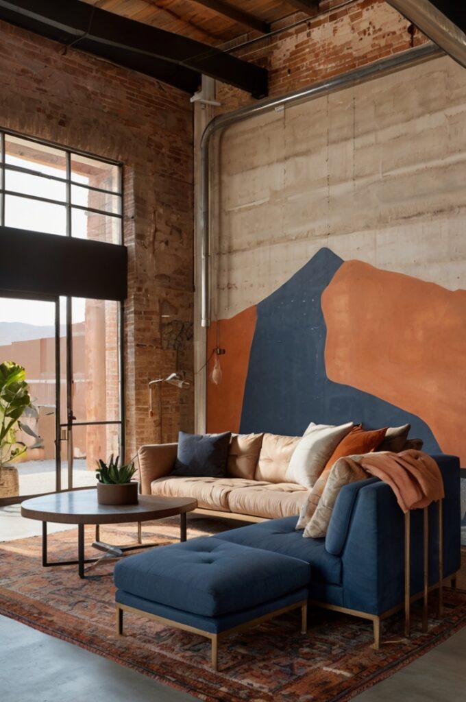 Industrial loft featuring a large concrete wall adorned with a hand-painted mural in peach, rust, and midnight blue hues depicting abstract desert sunset shapes, exposed brick walls and metal beams framing the space, minimalist metal-framed furniture with leather cushions in rust tones, polished concrete floors, soft warm lighting highlighting the mural’s vibrant colors, open layout blending raw industrial textures with artistic softness.