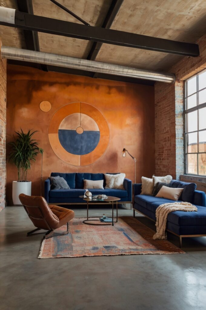 Industrial loft featuring a large concrete wall adorned with a hand-painted mural in peach, rust, and midnight blue hues depicting abstract desert sunset shapes, exposed brick walls and metal beams framing the space, minimalist metal-framed furniture with leather cushions in rust tones, polished concrete floors, soft warm lighting highlighting the mural’s vibrant colors, open layout blending raw industrial textures with artistic softness.