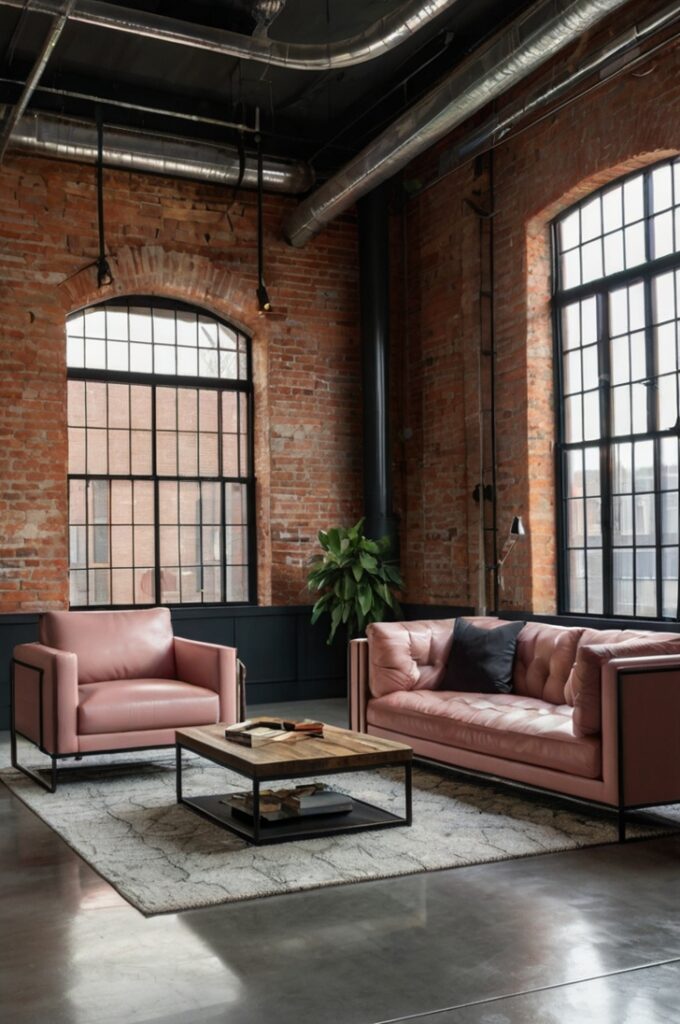 Industrial loft living room with exposed red brick walls and polished concrete floors. The space features blush leather accent chairs with sleek black metal frames, a large charcoal gray sectional sofa, and tall blush pink drapes framing the windows. A reclaimed wood coffee table and black steel lighting fixtures complete the edgy, modern aesthetic.