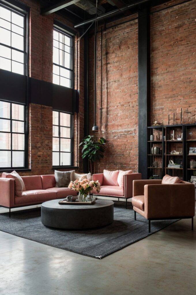 Industrial loft living room with exposed red brick walls and polished concrete floors. The space features blush leather accent chairs with sleek black metal frames, a large charcoal gray sectional sofa, and tall blush pink drapes framing the windows. A reclaimed wood coffee table and black steel lighting fixtures complete the edgy, modern aesthetic.
