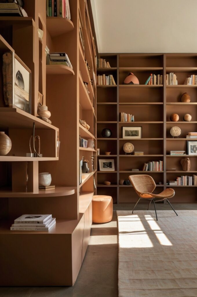 Interior space with tall clay-colored built-in bookshelves featuring clean architectural lines, neatly arranged with cantaloupe-toned decorative objects including ceramic vases, sculptural pieces, and hardcover books with coordinated spines, soft warm lighting highlighting each shelf, neutral wall backdrop, and minimal surrounding decor creating a curated, stylish, and intentional design focal point.
