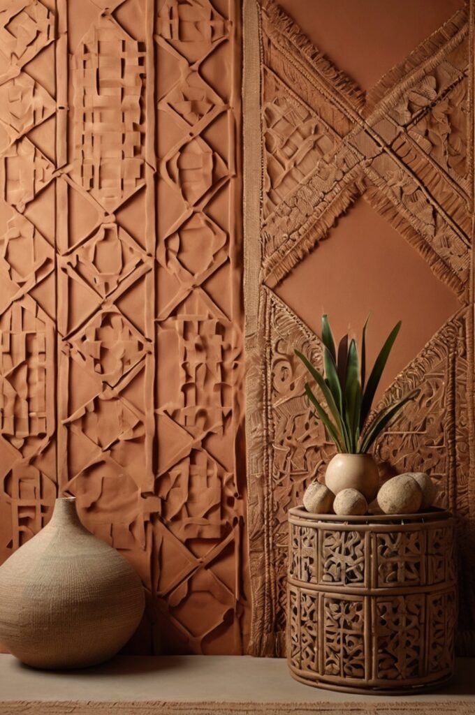 Interior wall painted in rich clay tone, adorned with a big handcrafted woven wall hanging in varying shades of cantaloupe, featuring intricate patterns and layered textures, arranged in an organic composition, soft ambient lighting enhancing depth and detail, creating a warm, artistic, and tactile visual display.