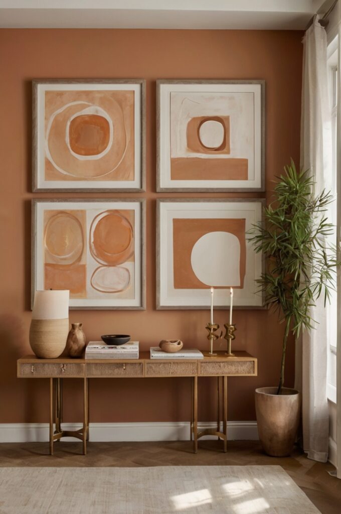 Interior wall styled as an art gallery display with a curated arrangement of framed artworks, each frame painted in complementary clay and cantaloupe tones, artworks featuring abstract and detailed designs, set against a soft neutral background, with soft directional lighting highlighting each piece, creating a cohesive, stylish, and modern visual presentation.