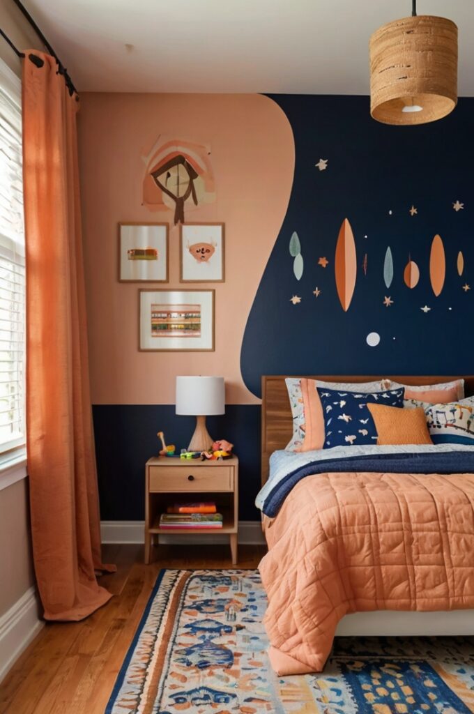 Kids’ room with creamy peach walls emitting a soft sunset glow, twin bed dressed in rust-colored bedding with textured throw pillows, midnight blue curtains hanging from a simple wooden rod, coordinating midnight blue patterned rug on light hardwood floor, natural wood bookshelf filled with colorful toys and books, warm ambient lighting from a small bedside lamp with a peach shade, minimal playful wall decals in neutral tones.